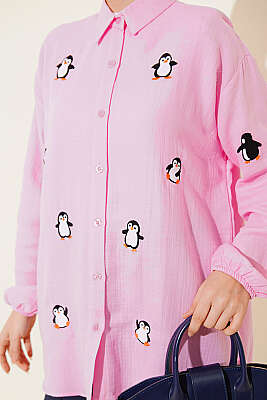 Penguen Nakışlı Müslin Gömlek Pembe - Gömlek