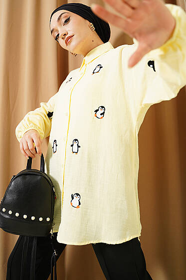 Penguen Nakışlı Müslin Gömlek Sarı - Gömlek