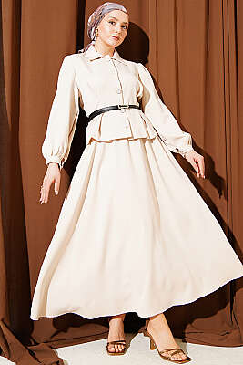 Pens Detaylı Kemerli Dabıl Etekli Takım Bej 