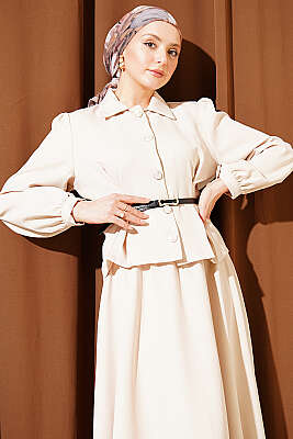 Pens Detaylı Kemerli Dabıl Etekli Takım Bej - İkili Takım