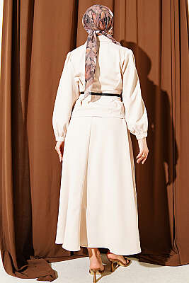 Pens Detaylı Kemerli Dabıl Etekli Takım Bej - İkili Takım