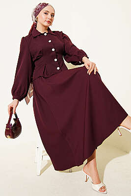 Pens Detaylı Kemerli Dabıl Etekli Takım Bordo 