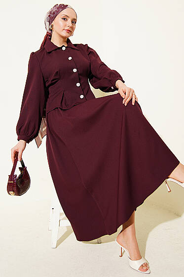 Pens Detaylı Kemerli Dabıl Etekli Takım Bordo - İkili Takım