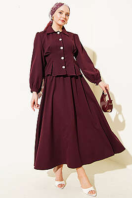 Pens Detaylı Kemerli Dabıl Etekli Takım Bordo - İkili Takım