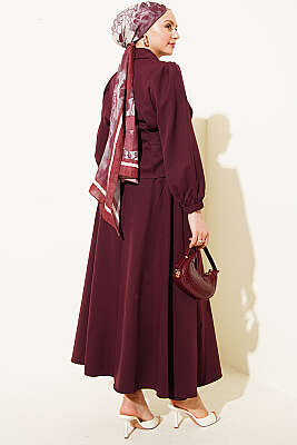 Pens Detaylı Kemerli Dabıl Etekli Takım Bordo - İkili Takım