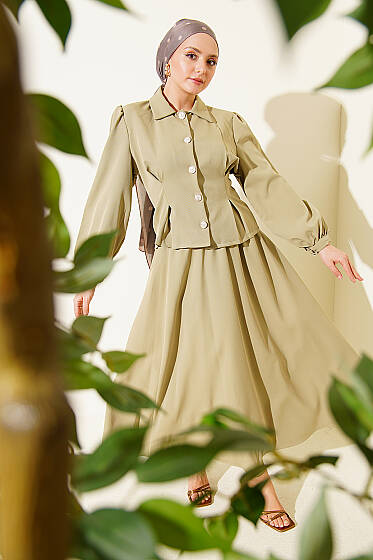 Pens Detaylı Kemerli Dabıl Etekli Takım Çağla Yeşili - İkili Takım