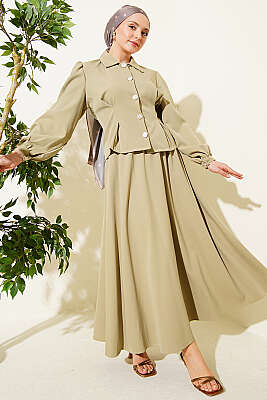 Pens Detaylı Kemerli Dabıl Etekli Takım Çağla Yeşili - İkili Takım