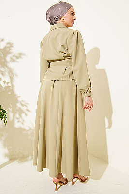 Pens Detaylı Kemerli Dabıl Etekli Takım Çağla Yeşili - İkili Takım