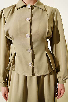 Pens Detaylı Kemerli Dabıl Etekli Takım Çağla Yeşili - İkili Takım