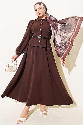 Pens Detaylı Kemerli Dabıl Etekli Takım Kahve 