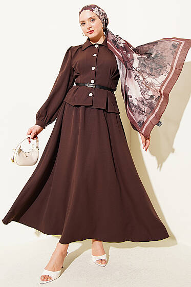 Pens Detaylı Kemerli Dabıl Etekli Takım Kahve - İkili Takım