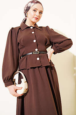 Pens Detaylı Kemerli Dabıl Etekli Takım Kahve - İkili Takım