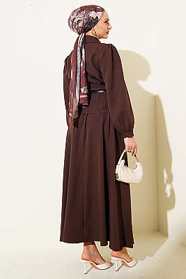 Pens Detaylı Kemerli Dabıl Etekli Takım Kahve - İkili Takım