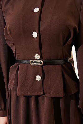 Pens Detaylı Kemerli Dabıl Etekli Takım Kahve - İkili Takım