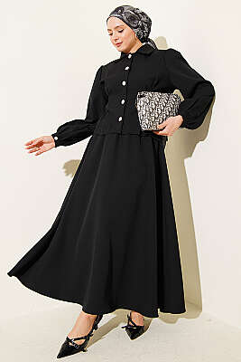 Pens Detaylı Kemerli Dabıl Etekli Takım Siyah - ASME