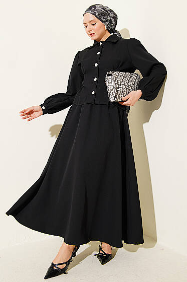 Pens Detaylı Kemerli Dabıl Etekli Takım Siyah - İkili Takım