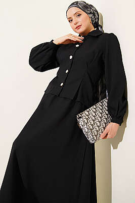 Pens Detaylı Kemerli Dabıl Etekli Takım Siyah - İkili Takım