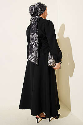 Pens Detaylı Kemerli Dabıl Etekli Takım Siyah - İkili Takım