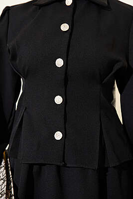 Pens Detaylı Kemerli Dabıl Etekli Takım Siyah - İkili Takım