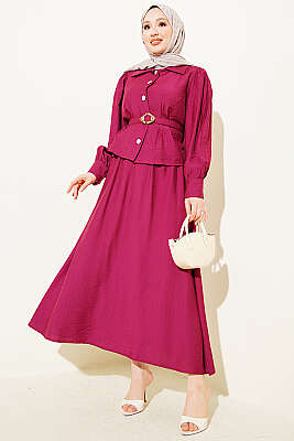 Pens Detaylı Kemerli Etekli Takım Bordo - VAV TEKSTİL