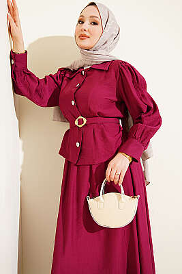 Pens Detaylı Kemerli Etekli Takım Bordo - İkili Takım