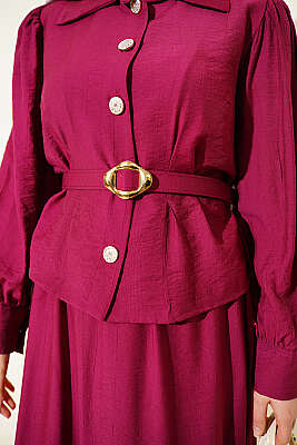 Pens Detaylı Kemerli Etekli Takım Bordo - İkili Takım