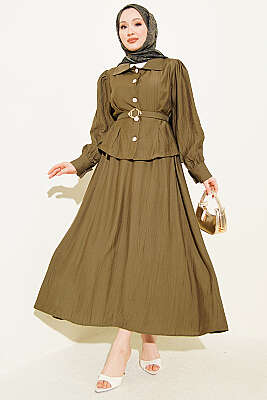 Pens Detaylı Kemerli Etekli Takım Haki - VAV TEKSTİL