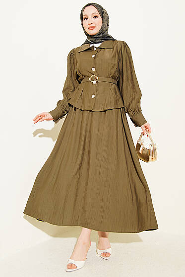 Pens Detaylı Kemerli Etekli Takım Haki - İkili Takım