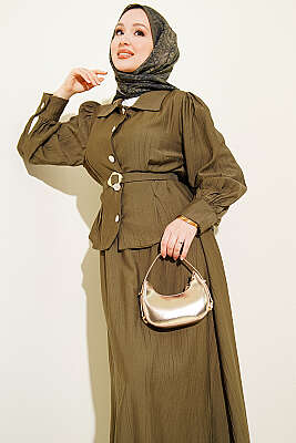 Pens Detaylı Kemerli Etekli Takım Haki - İkili Takım