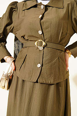 Pens Detaylı Kemerli Etekli Takım Haki - İkili Takım