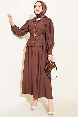 Pens Detaylı Kemerli Etekli Takım Kahve - VAV TEKSTİL