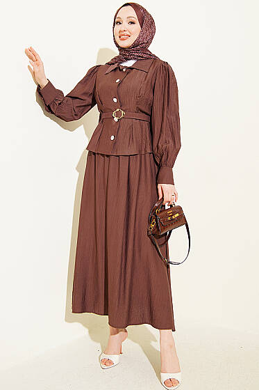 Pens Detaylı Kemerli Etekli Takım Kahve - İkili Takım