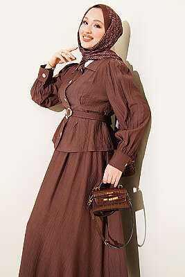 Pens Detaylı Kemerli Etekli Takım Kahve - İkili Takım