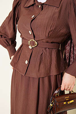 Pens Detaylı Kemerli Etekli Takım Kahve - İkili Takım