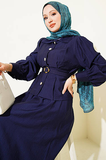 Pens Detaylı Kemerli Etekli Takım Lacivert - İkili Takım