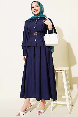 Pens Detaylı Kemerli Etekli Takım Lacivert - İkili Takım