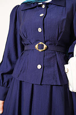 Pens Detaylı Kemerli Etekli Takım Lacivert - İkili Takım