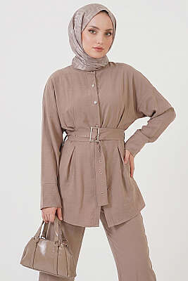 Pens Detaylı Kemerli İkili Takım Bej - NEVA MODA