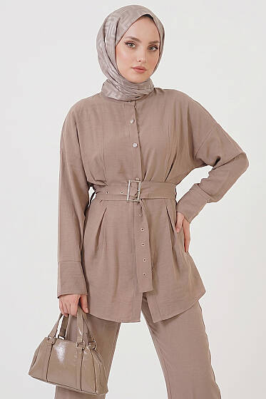 Pens Detaylı Kemerli İkili Takım Bej - İkili Takım