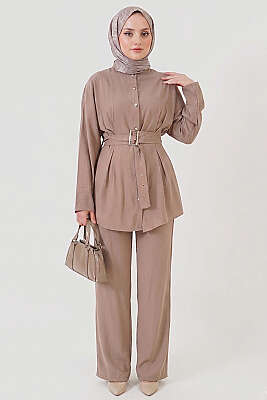 Pens Detaylı Kemerli İkili Takım Bej - İkili Takım