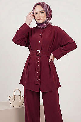 Pens Detaylı Kemerli İkili Takım Bordo - İkili Takım