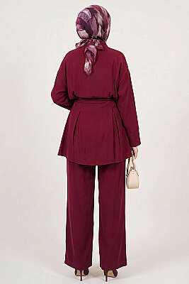 Pens Detaylı Kemerli İkili Takım Bordo - İkili Takım