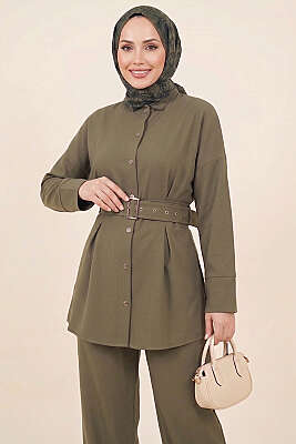 Pens Detaylı Kemerli İkili Takım Haki - NEVA MODA