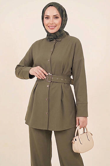 Pens Detaylı Kemerli İkili Takım Haki - İkili Takım