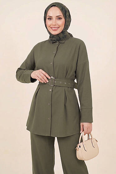 Pens Detaylı Kemerli İkili Takım Haki - İkili Takım