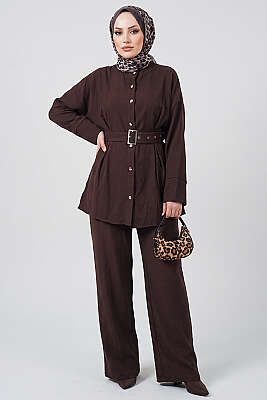 Pens Detaylı Kemerli İkili Takım Kahve - NEVA MODA