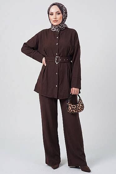 Pens Detaylı Kemerli İkili Takım Kahve - İkili Takım