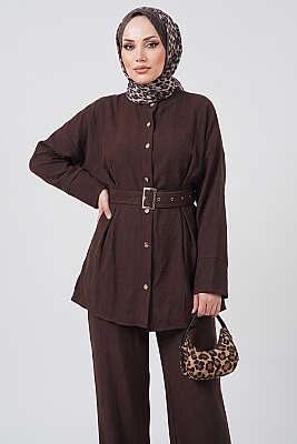 Pens Detaylı Kemerli İkili Takım Kahve - İkili Takım