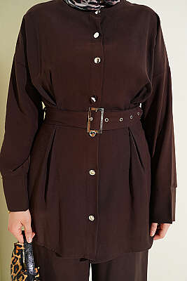 Pens Detaylı Kemerli İkili Takım Kahve - İkili Takım