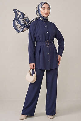 Pens Detaylı Kemerli İkili Takım Lacivert - NEVA MODA